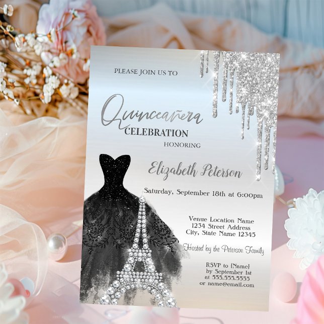  Glitter Drips,Black Dress,Eiffel Quinceañera Invitation (Creator Uploaded)