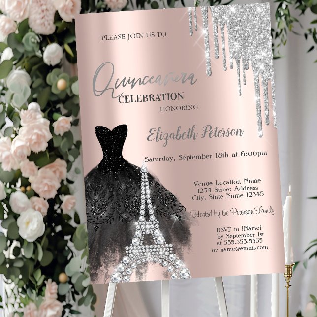  Glitter Drips,Black Dress,Eiffel Tower Quinceañer Invitation (Creator Uploaded)