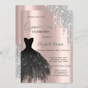  Glitter Drips,Black Dress Rose Gold 15th Birthday Invitation