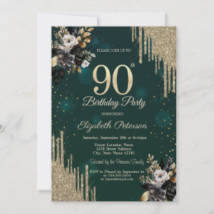 Glitter Drips Black Roses Green 90th Birthday Invitation