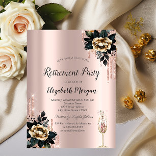 Glitter Drips,Black Roses Rose Gold Retirement    Invitation