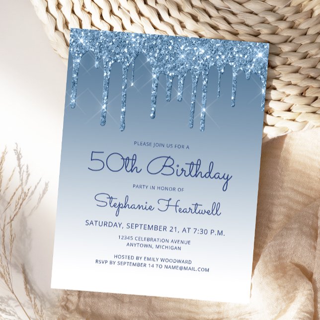 Glitter Drips Blue 50th Birthday Party Invitation Postcard (Creator Uploaded)