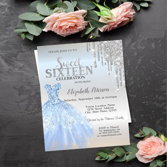  Glitter Drips,Blue Dress Silver Sweet 16  Invitation (Creator Uploaded)