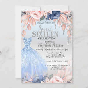 Glitter Drips,Blue Flowers Dress Silver Sweet 16  Invitation
