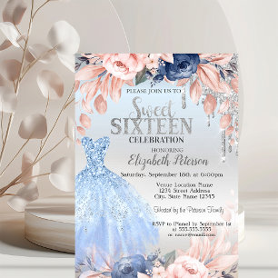 Glitter Drips,Blue Flowers Dress Silver Sweet 16  Invitation