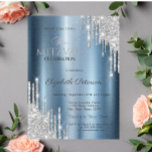 Glitter Drips Blue Metallic Bat Mitzvah Invitation<br><div class="desc">A modern,  chic and glamourous invitation with glitter drips on a blue metallic background.</div>