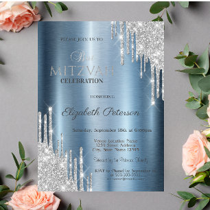 Glitter Drips Blue Metallic Bat Mitzvah Invitation
