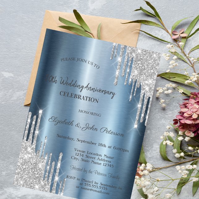  Glitter Drips Blue Metallic Wedding Anniversary Invitation (Creator Uploaded)