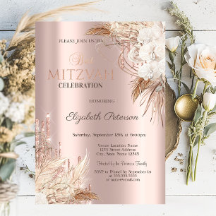 Glitter Drips Boho Flowers Rose Gold Bat Mitzvah Invitation