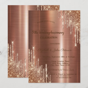 Glitter Drips Brown Metallic Wedding Anniversary Invitation