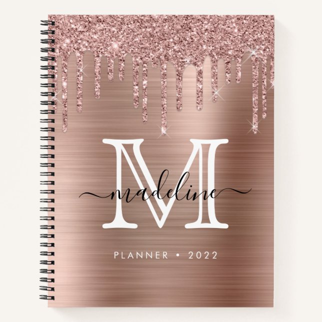 Glitter Drips Brushed Metal Rose Gold Monogram Notebook (Front)