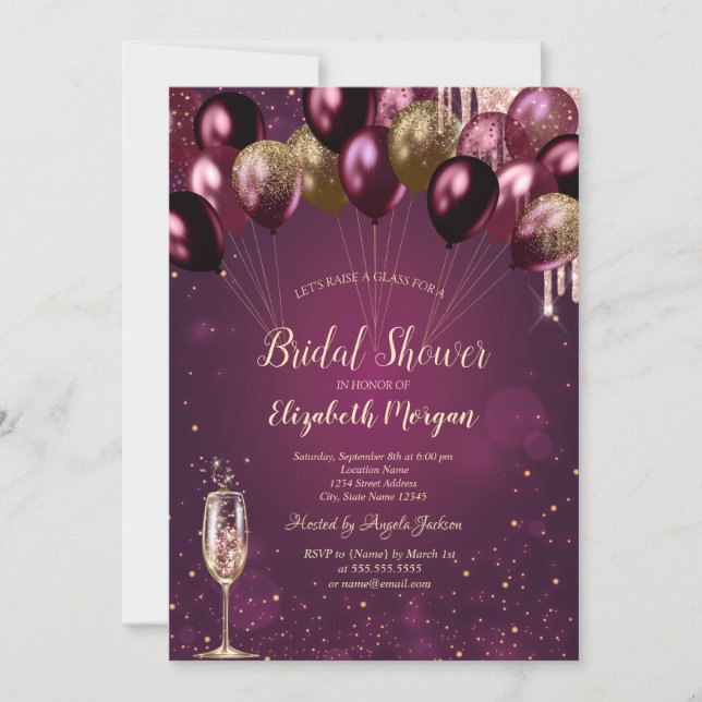 Glitter Drips Burgundy Balloons Bridal Shower Invitation (Front)