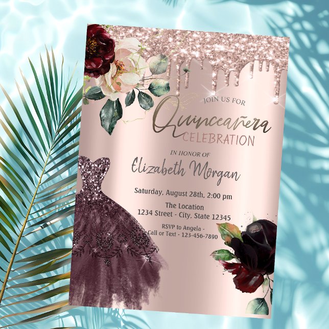 Glitter Drips,Burgundy Dress,Roses Quinceañera  Invitation (Creator Uploaded)