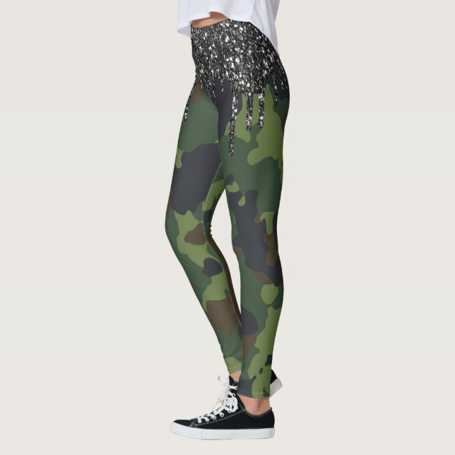 Glitter Drips Camouflage Camo Pattern Military Leggings (Left)