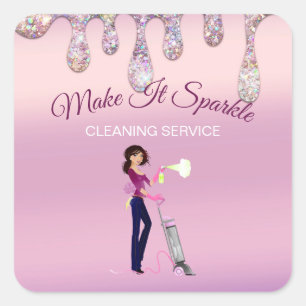 Glitter Drips Cartoon Maid Cleaning Service Square Sticker