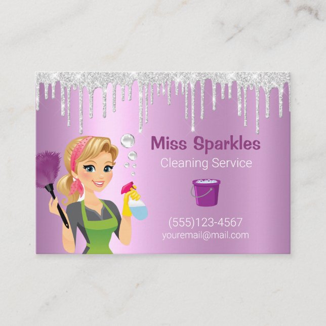 Glitter Drips Cartoon Maid House Cleaning Services Business Card (Front)