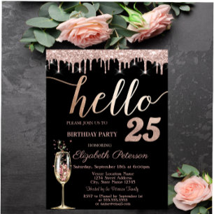Glitter Drips,Champagne Glass 25th Birthday Party Invitation