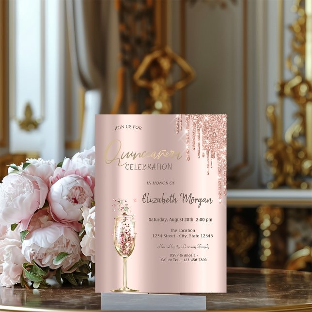  Glitter Drips Champagne Glass Quinceañera  Invitation (Creator Uploaded)
