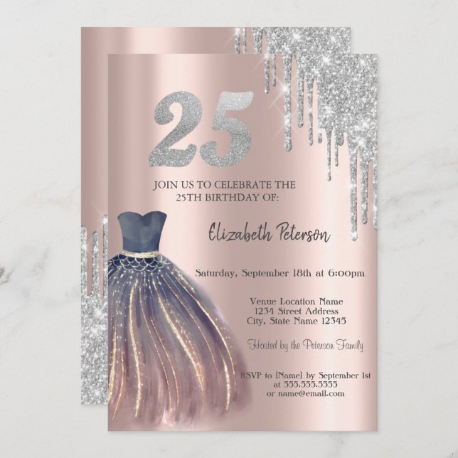Glitter Drips, Chic Dress 25th Birthday  Invitation (Front/Back)