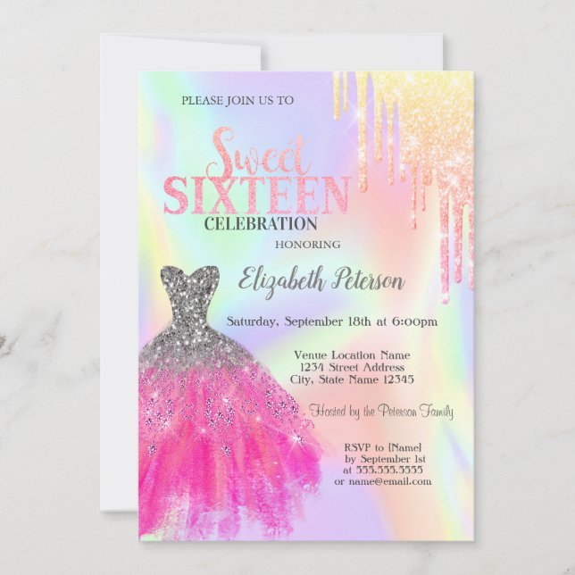 Glitter Drips,Chic Dress Holographic Sweet 16 Invitation (Front)