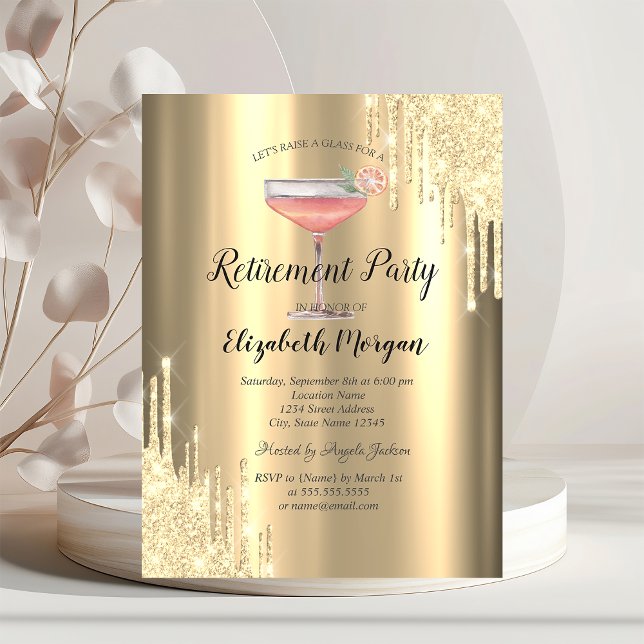 Glitter Drips,Cocktail,Gold Retirement    Invitation (Creator Uploaded)