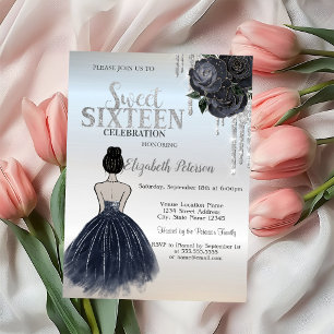 Glitter Drips,Dark Blue Dress Roses Sweet 16   Invitation