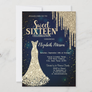 Glitter Drips,Diamonds Dress Navy Blue Sweet 16   Invitation
