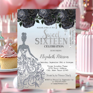 Glitter Drips,Dress Black Roses Sweet 16   Invitat Invitation