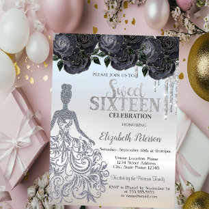 Glitter Drips,Dress Black Roses Sweet 16   Invitation
