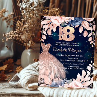Glitter Drips Dress Blue Flowers 18th Birthday Invitation