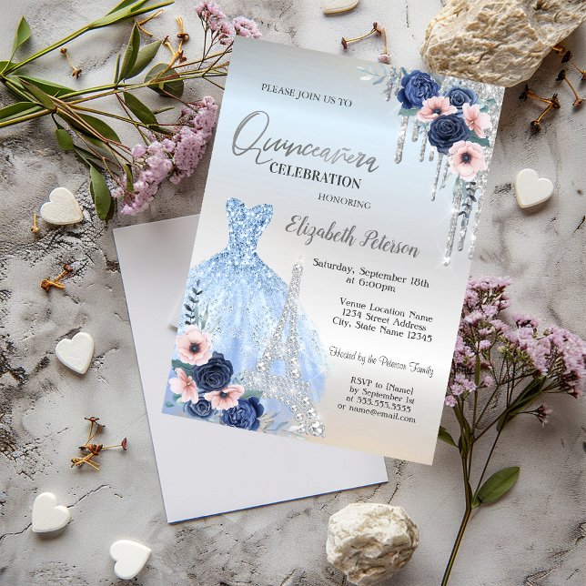 Glitter Drips,Dress,Blue Roses Quinceañera  Invitation (Creator Uploaded)