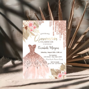 Glitter Drips Dress Boho Flowers Quinceañera  Invitation