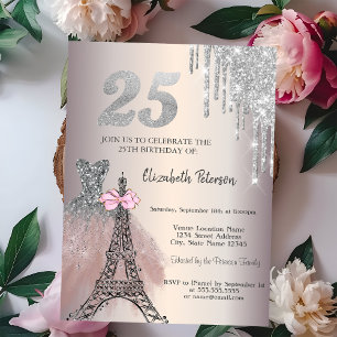 Glitter Drips Dress Eiffel Tower Bow 25th Invitation
