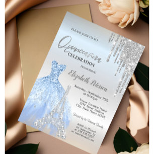 Glitter Drips,Dress,Eiffel Tower Quinceañera Invitation