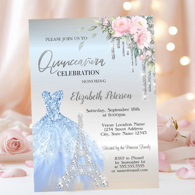 Glitter Drips,Dress,Eiffel Tower Roses Quinceañera Invitation (Creator Uploaded)