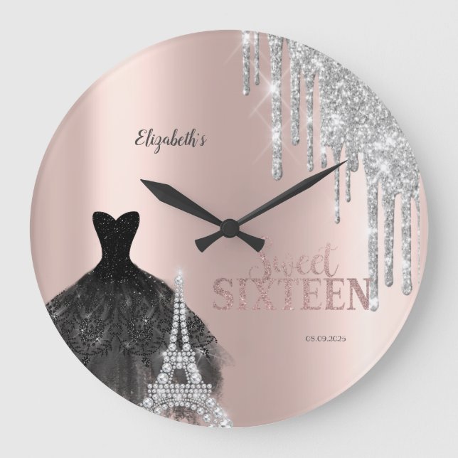Glitter Drips,Dress,Eiffel Tower Sweet 16 Large Clock (Front)