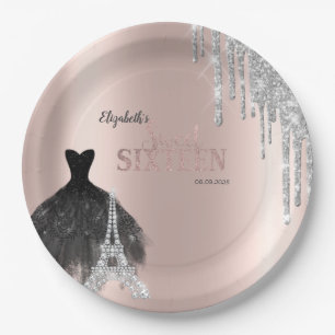 Glitter Drips,Dress,Eiffel Tower Sweet 16 Paper Plate