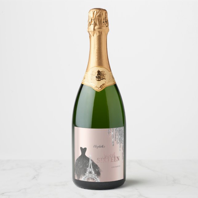 Glitter Drips,Dress,Eiffel Tower Sweet 16 Sparkling Wine Label (Front)