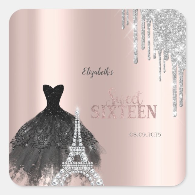 Glitter Drips,Dress,Eiffel Tower Sweet 16 Square Sticker (Front)