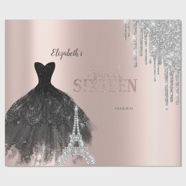 Glitter Drips,Dress,Eiffel Tower Sweet 16 Wrapping Paper (Flat)