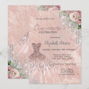 Glitter Drips,Dress Floral Chic Quinceanera  Invitation