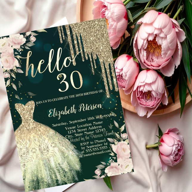 Glitter Drips,Dress,Floral Green 30th Birthday Invitation (Creator Uploaded)