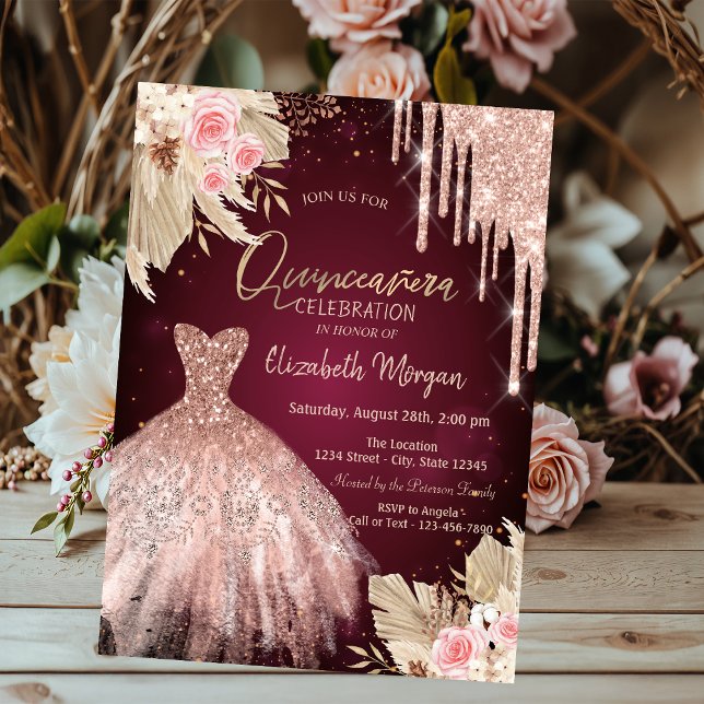 Glitter Drips Dress Flowers Burgundy Quinceañera Invitation (Creator Uploaded)