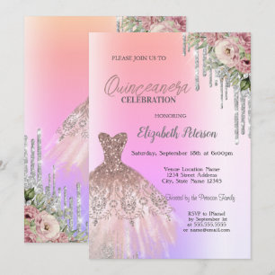 Glitter Drips,Dress Flowers Ombre Quinceanera Invitation