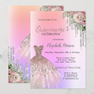 Glitter Drips,Dress Flowers Ombre Quinceanera Invitation