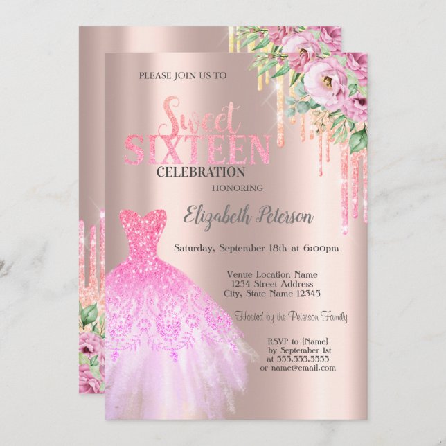 Glitter Drips,Dress Flowers Rose Gold Sweet 16 Invitation (Front/Back)