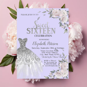 Glitter Drips,Dress,Flowers Violet Sweet 16  Invitation
