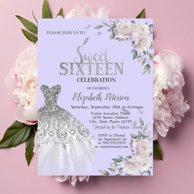 Glitter Drips,Dress,Flowers Violet Sweet 16  Invitation (Creator Uploaded)