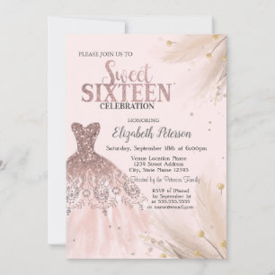 Glitter Drips,Dress,Pampas, Pink Sweet 16   Invitation