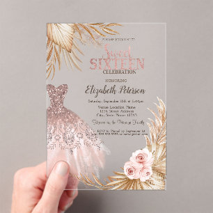 Glitter Drips,Dress,Pampas Rose Gold Sweet 16 Acrylic Invitations